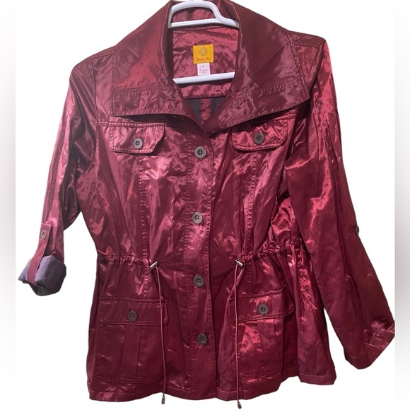 Metallic Red Utility Cargo Raincoat Button Front Drawstring Ruby Rd Size 18 - Picture 4 of 15